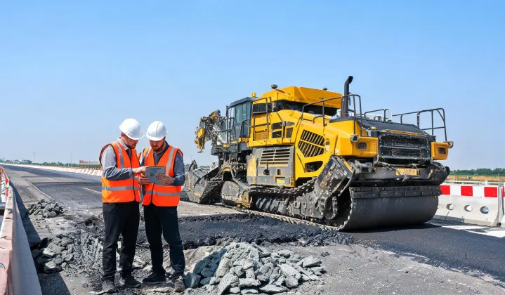 Engineers reviewing milling depth map on highway site